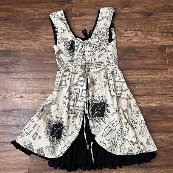 Harry Potter Hot Topic Corset Dress Lace Trim Marauders Map Fairy Dark Academia - Picture 6 of 8